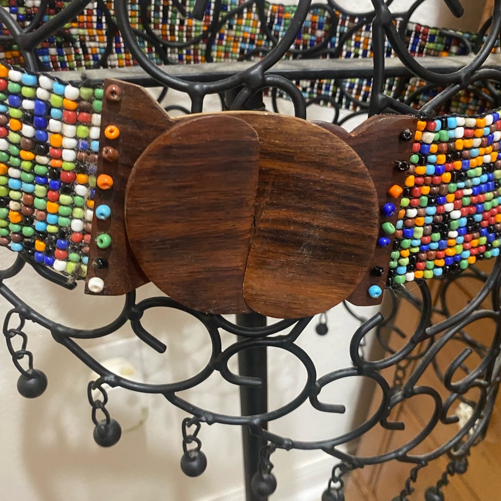 Beaded Multicolor Waist Belt with Wood Buckle